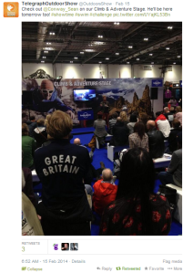 Me (in the GB top) watching Sean Conway as captured by the official Telegraph Outdoors Show Twitter feed